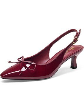 Women's Wine Red Bowknot Slingback Pump Pointed Closed Toe Low Kitten Heel Shoes
